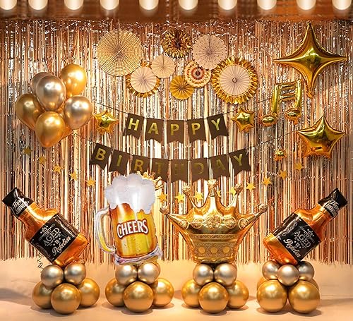 Miniatura 2 de Juego de globos y fondo dorado para decoración de cumpleaños con tira de luces, ideal para hombres y mujeres