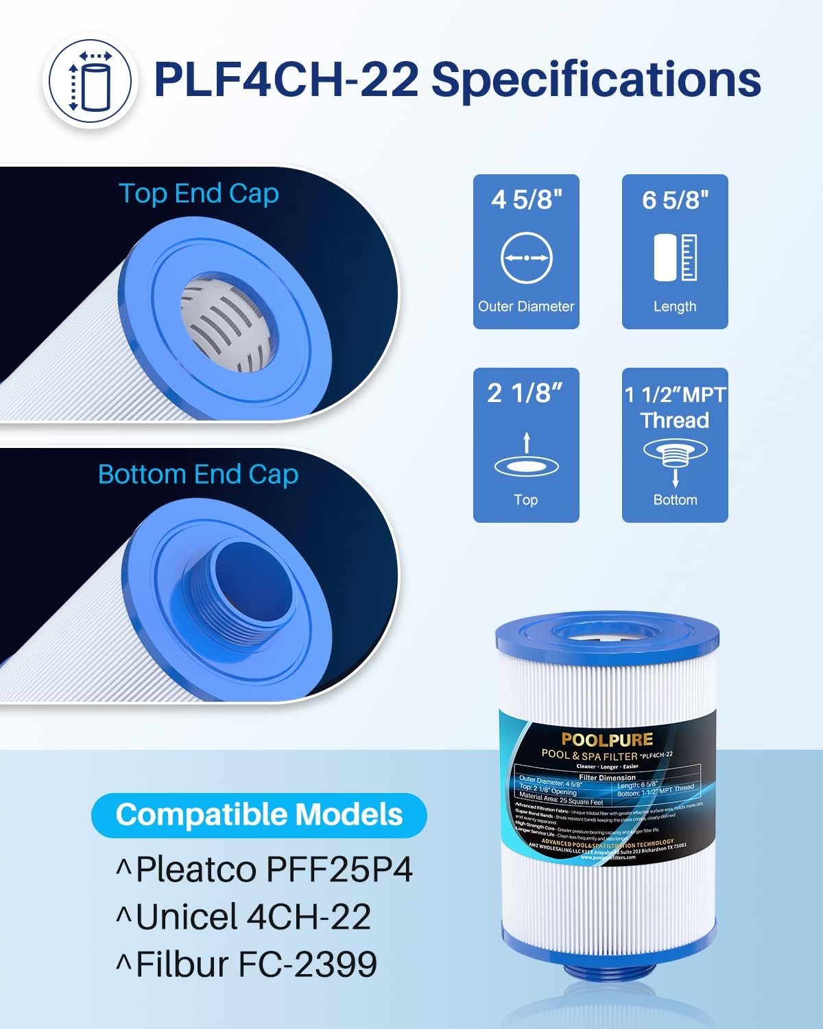 POOLPURE PLF4CH-22 Sap Filter Replaces PFF25P4, Unicel 4CH-22, FF-150 TLX RLX, Filbur FC-2399, SD-00205, 303263, 78459, XLS-443, 25 Sq.ft Filter Cartridge 1PACK - Image 2