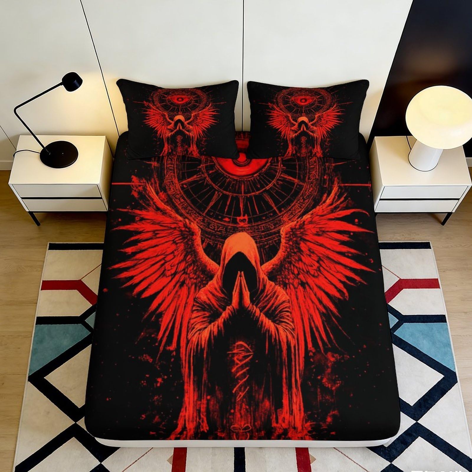 3D Printed Red Phoenix Fitted Sheet Microfiber Soft Black Abstract Skull Mattress Cover for Bedroom Dorm Decor 90x200x25cm