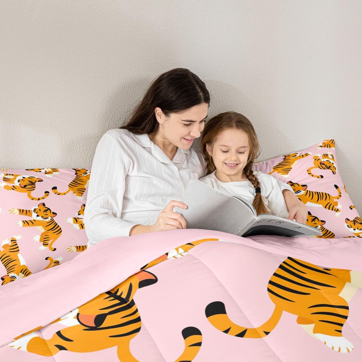 Erosebridal Cute Tiger Comforter Set Queen, Cartoon Tigers Bedding for Kids Boys Girls, Orange and Black Kawaii Wild Animals Bedding Comforter Sets, Big Cat Pink Bedroom Decor Duvet Insert