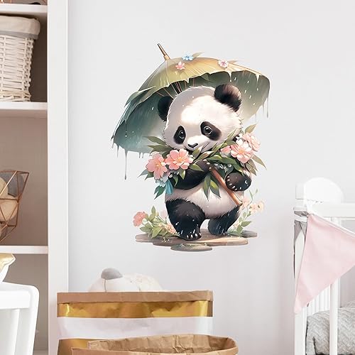 Miniatura 2 de RoyoLam Calcomanías de pared de panda y bambú con paraguas y flores, calcomanías de pared de animales para niños, removibles, despegar y pegar, arte
