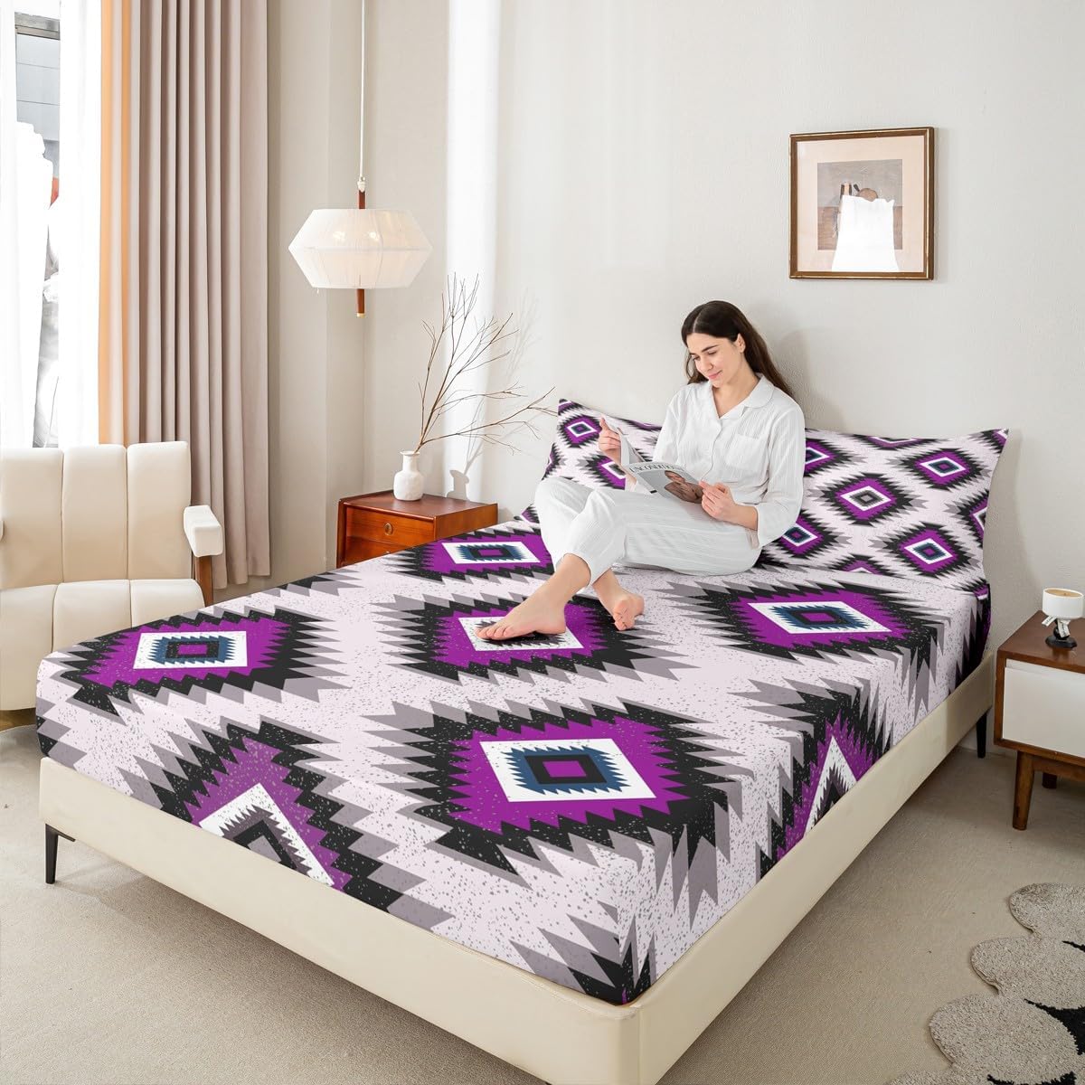 Kids Southwest Native American Design Sheet Set King Purple Grey Geometric Bed Sheets Set for Boys Girls Bedroom Decor Tribal Sheets with Deep Pocket Fitted Sheet Set Women Men With 2 Pillow Case