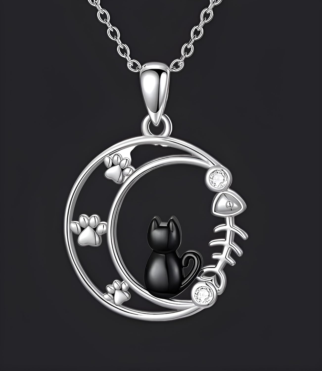 Stainless Steel Cat Moon Heart Star Flower Necklace with Crystal Pendant, 8 Designs - Cute Heart Necklace, With Black Cats, Charming in Rose Gold - Stylish Gift for Women & Party Accessory (Cat w/fish)