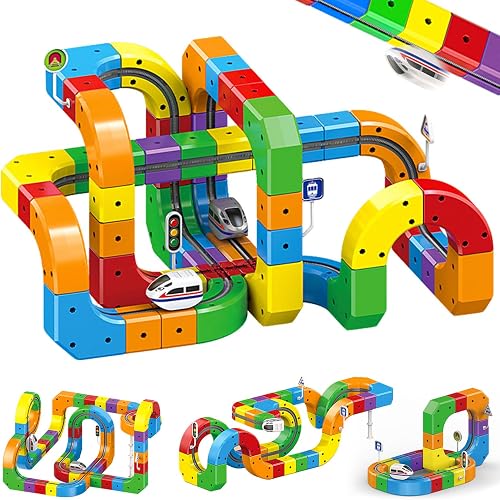Electric Magnetic Train Track Sets,Building Toy Train Track,Magic Cars Sets,Gravity Defying 3D Embedded Layouts & Motorized Car,for 3-7 Years Old Toddler Boys and Girls Birthday (123PCS-Two Cars)