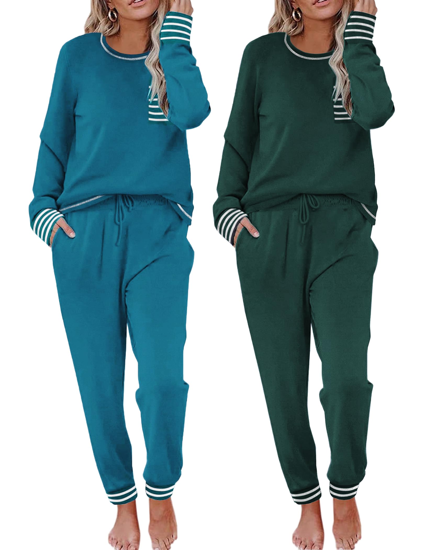 Ekouaer 2 Pack Womens Pajama Sets Long Sleeve Lounge Sets Soft Pj Loungewear Sleepwear