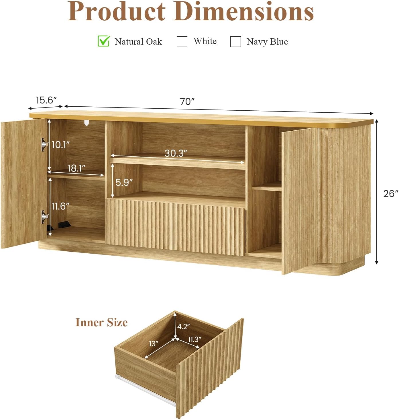 QUW 70" Fluted TV Stand for TVs Up to 80", Modern Entertainment Center with 2 Drawers & Cabinets, TV Console with Curved Profile Design, Luxury Wooden Media Console for Living Room, Natural Oak