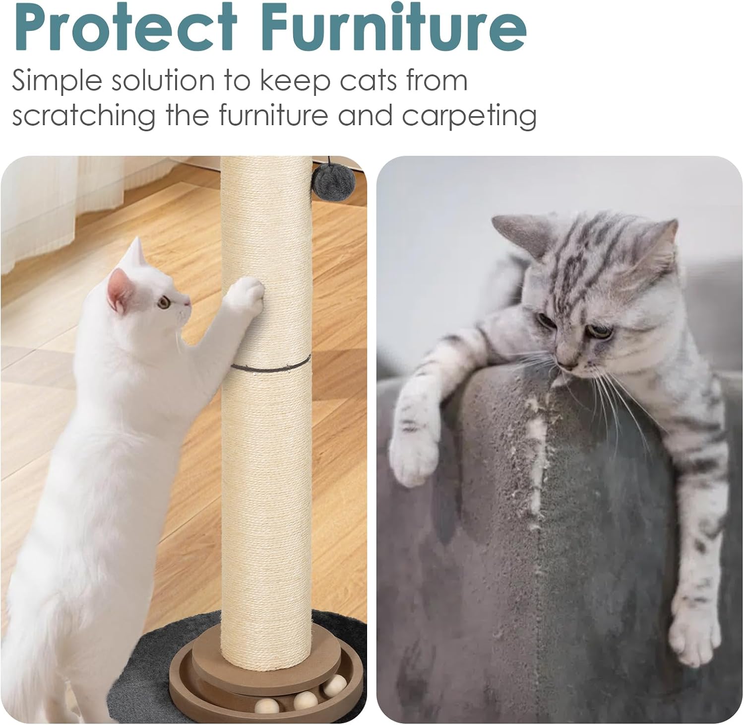 Heavy Duty Cat Scratching Post, 35 Inch Tall Cat Scratcher Cat Tree Tower with Hanging Ball for Indoor Cats Adults,Sisal Scratching Post with Toys