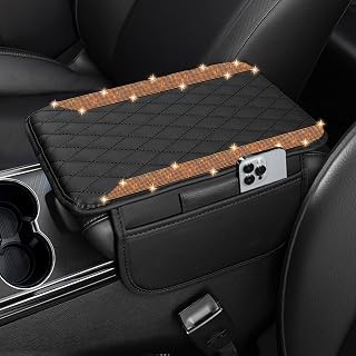 NBTEPEM Bling Car Center Console Armrest Cover, Microfiber Leather and Diamond Middle Console Cover with 2 Storage Bags, Bling Accessories Interior for Most Vehicles (Orange Diamond)