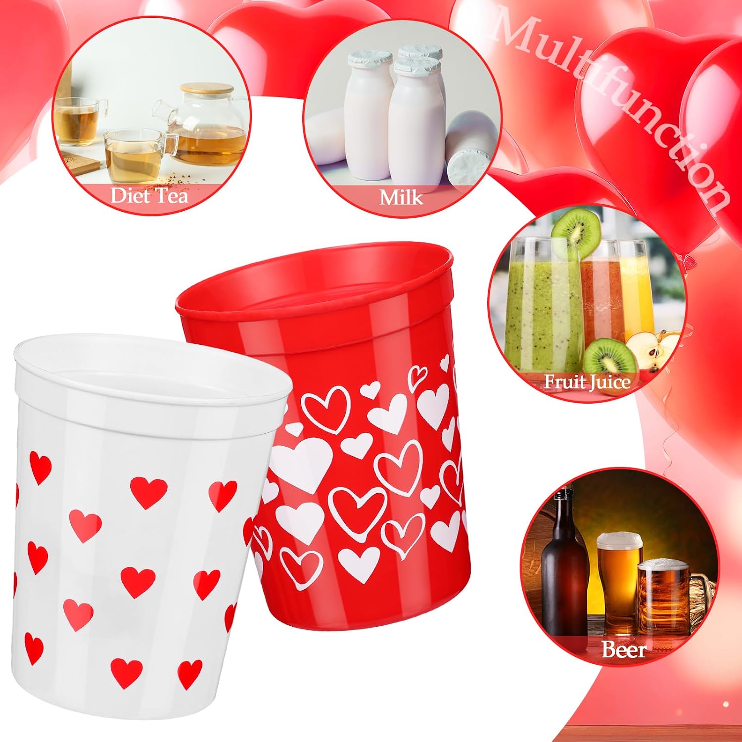 Uiifan 24 Pcs Valentine's Day Heart Plastic Cups Bulk Reusable 16 oz Happy Valentine's Day Plastic Cups Favor for Wedding Anniversary Dinner Galentine's Day Party Supplies