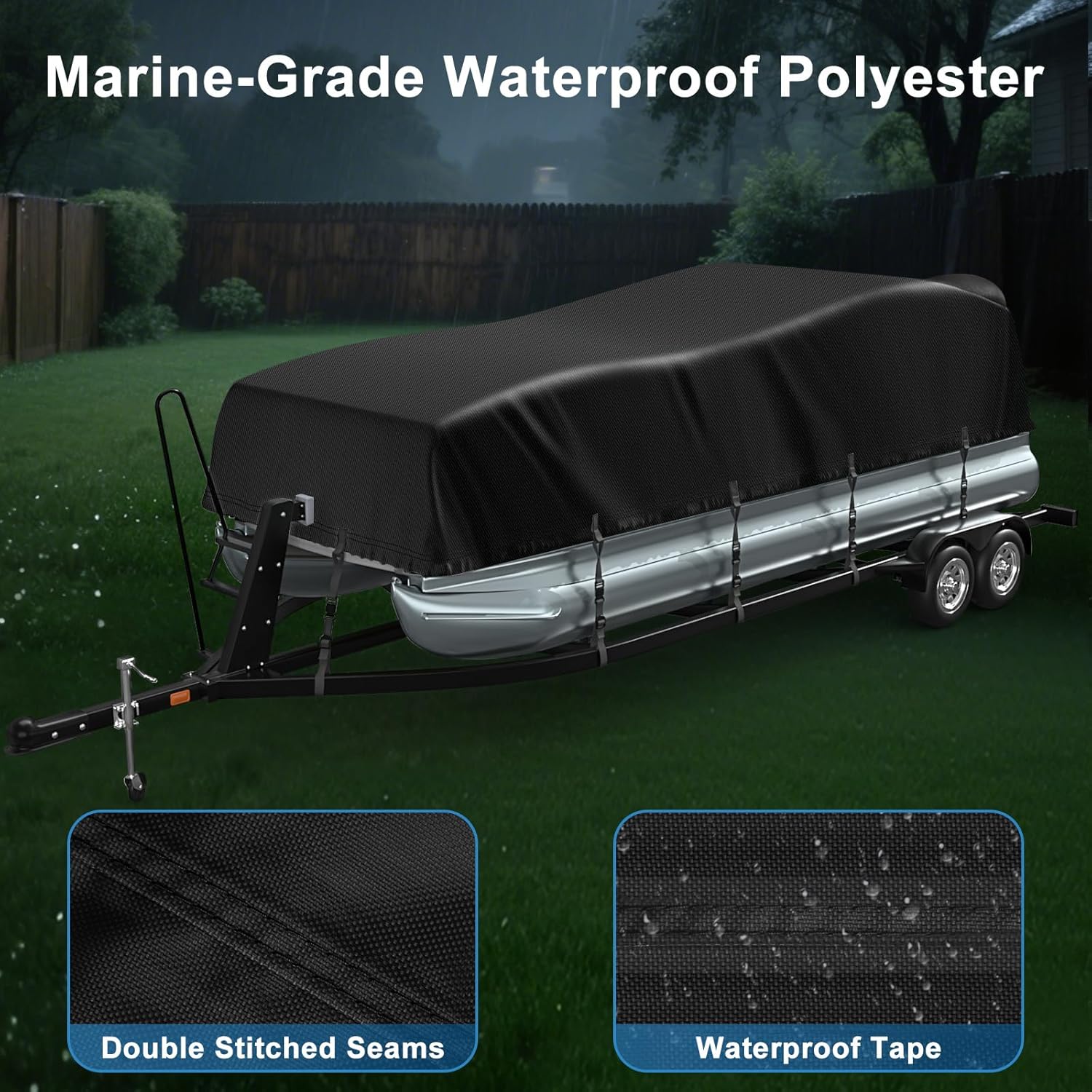 Pontoon Boat Cover 19-21ft, 1200D PU Heavy Duty Marine Grade Pontoon Cover with Motor Cover, Waterproof UV Resistant Oxford Polyester Canvas Cover for Pontoon Boat 19-21 ft, Black