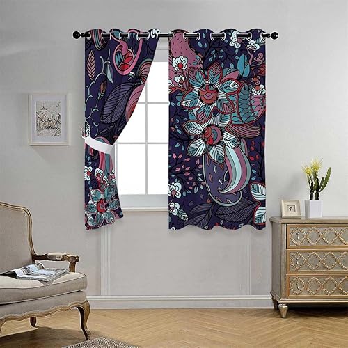 Miniatura 2 de Cortina para Dividir Habitacion Retro Floral Graffiti Grommet Short Japanese Sliding Door Curtain Wall 55Inch Width by 45Inch Length,2 Panels