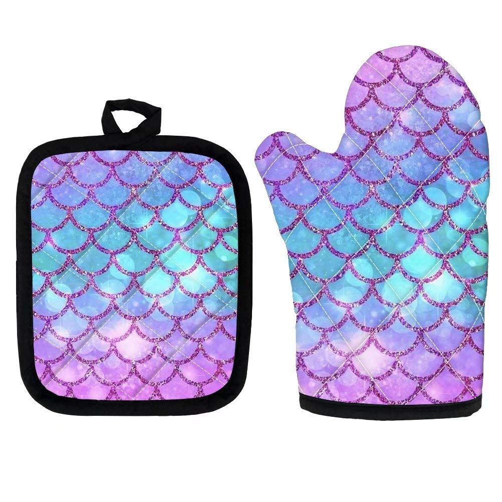 chaqlin Oven Mitts and Pot Holders for Kitchen Cooking Baking, BBQ 2 Pack Oven Gloves Pot Mats Mermaid Fish Scales Design for Women Ladies Gifts,Kitchen Accessories Decor