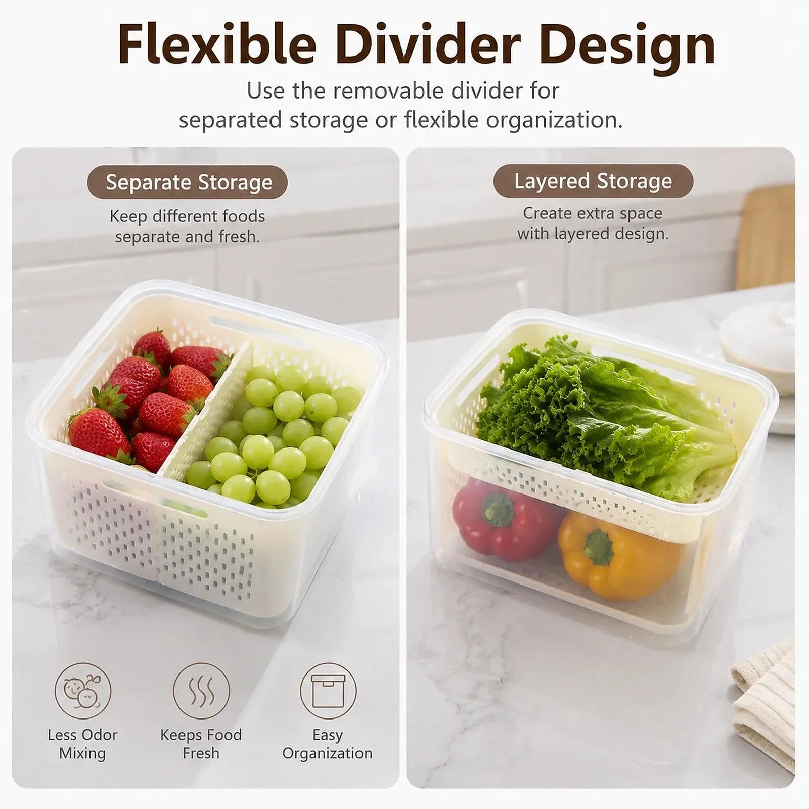 Produce Keeper - Recipientes de almacenamiento de alimentos para nevera, 4 en 1 con colador extraíble, cesta de drenaje, divisor y tapa hermética, ideal para bayas, verduras, preparación de comidas