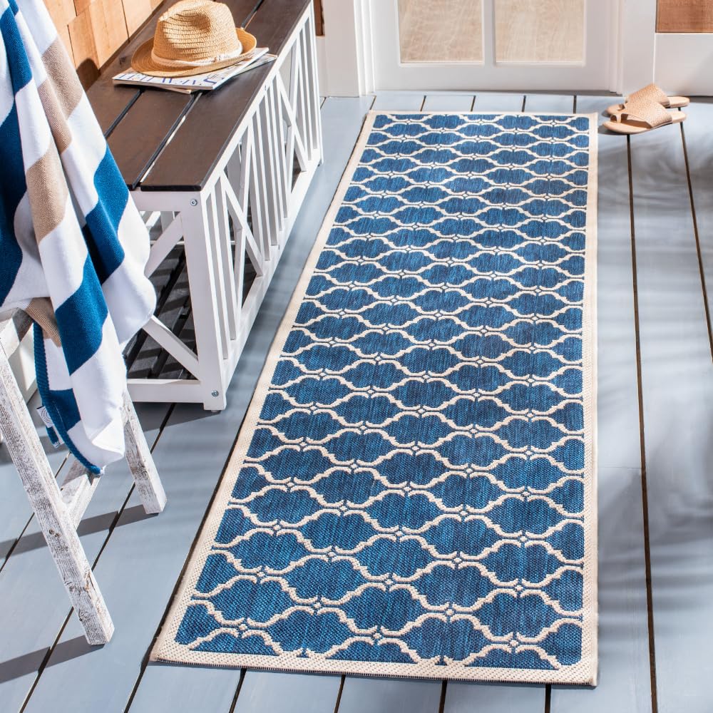 SAFAVIEH Washable Rug Outdoor Courtyard Collection - 2'3" x 10' Runner, Navy & Beige, Non-Shedding & Easy Cleaning, Ideal for Patio, Entryway, Mudroom