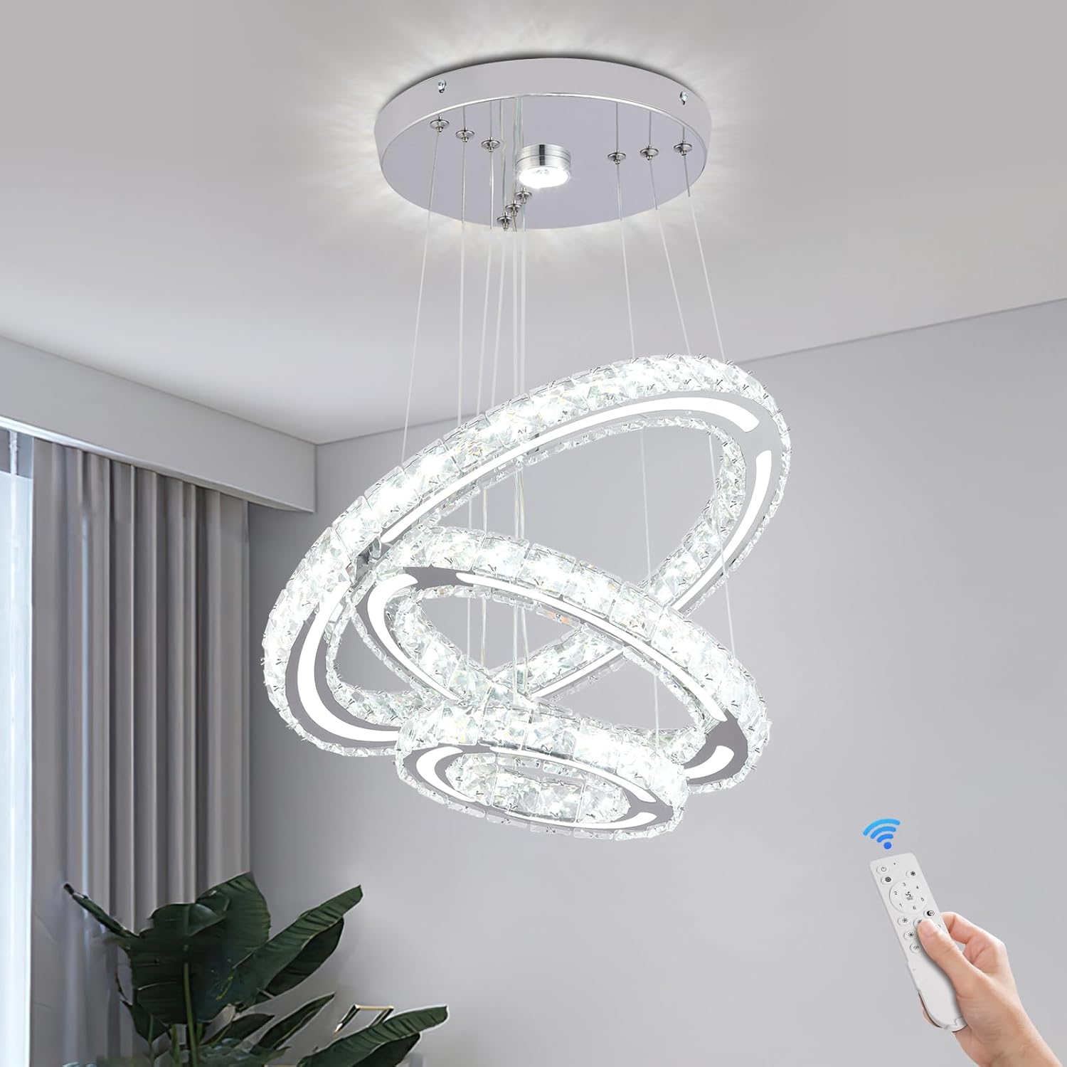 FRIXCHUR Crystal Chandelier LED Chandeliers Ceiling Light Fixture 3 Ring Adjustable Pendant Light Modern Chandelier for Bedrooms Living Room Dinning Room (Dimmable)