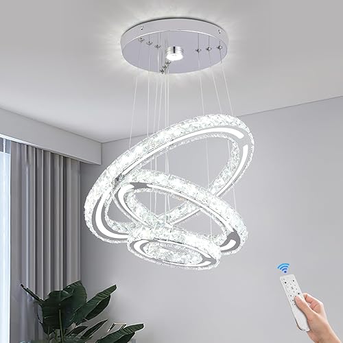 Miniatura 8 de FRIXCHUR Candelabro LED de 3 anillos, modernos candelabros de cristal, luces colgantes ajustables, luces de techo doradas para dormitorio, comedor