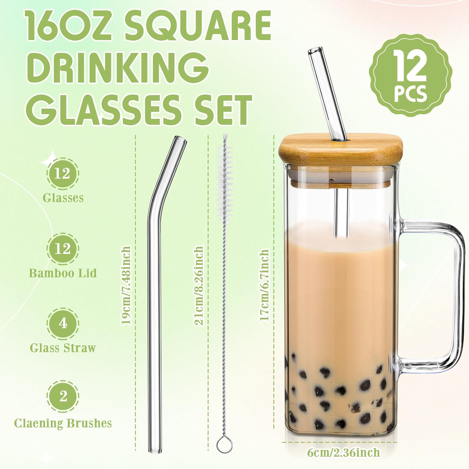 Rtteri 12 Pcs Glass Cups with Straws and Lids, Portable Iced Coffee Square Glass Drinking Cup with Handles, Wide Mouth Travel Mug Gifts for Teachers Employee Coworkers(Clear,16oz, Medium)