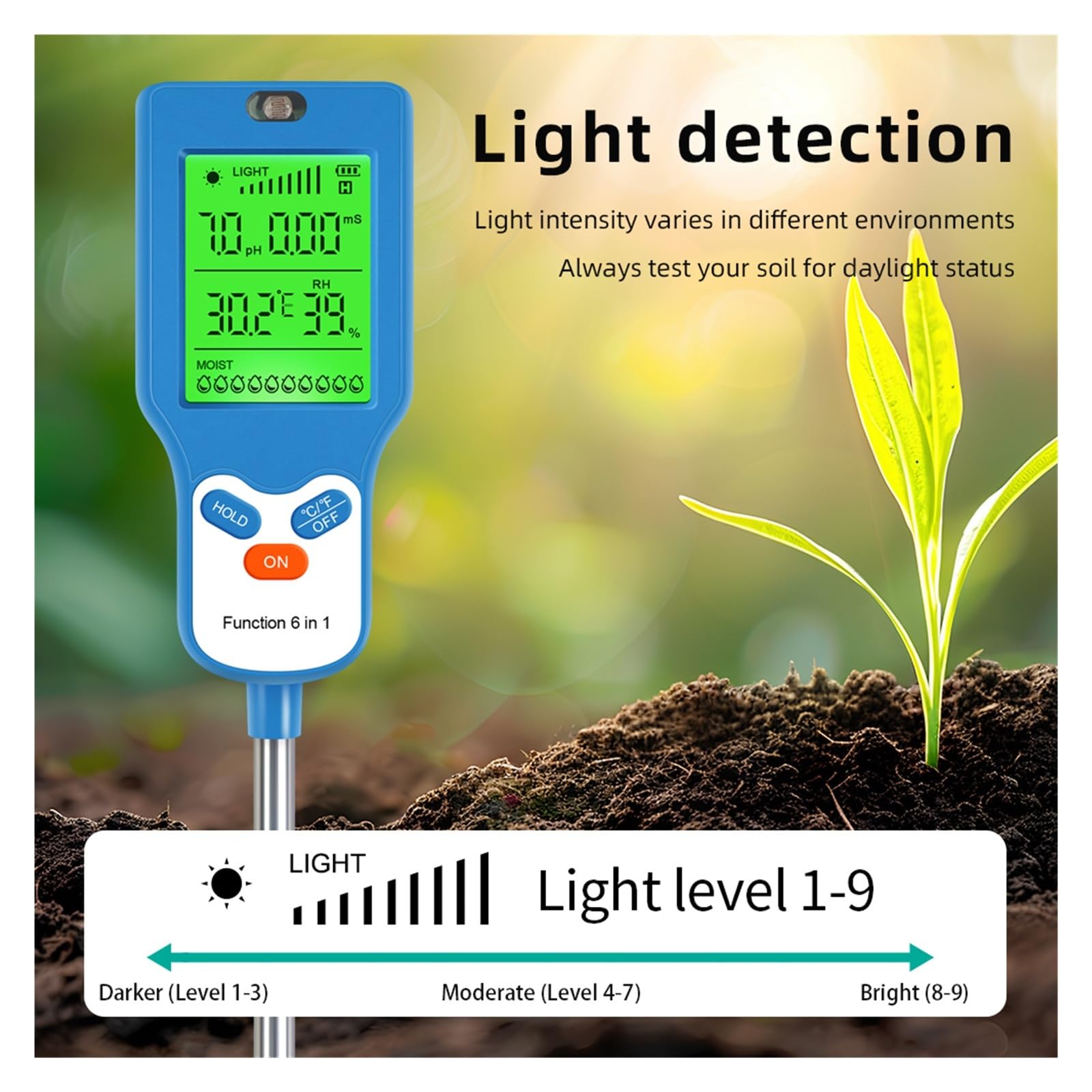 Testeur d'eau numérique, Testeur de Sol 6 en 1, pH, température, humidité, l'air, Nutriment, fertilité, détecteur pour Eau Potable Aquarium Piscine Fontaine