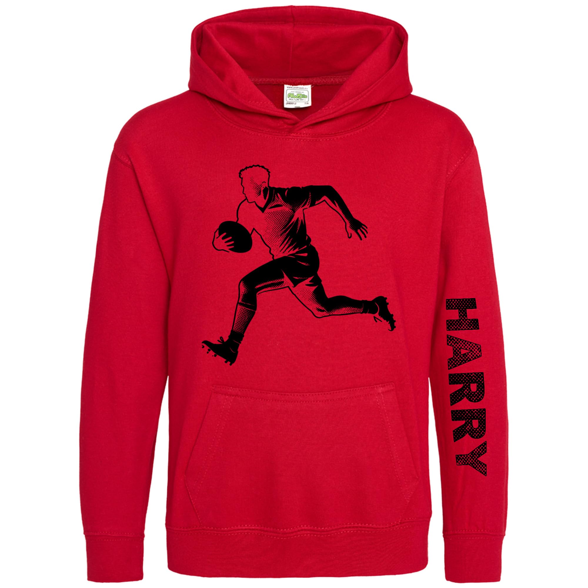 Personalised Rugby Fan Boys Hoodie - Rugga Player Dot Design Kids Hooded Top for Son or Nephew - Custom Name Sleeve Print - Young Rugger Fans Sports Lover Gift, 12-13 Years, Red
