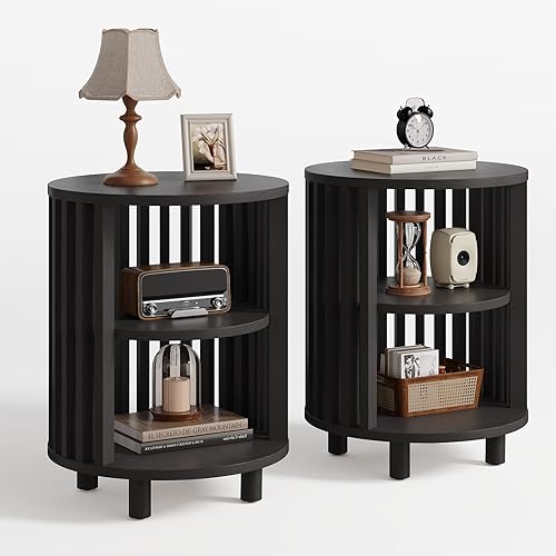 Miniatura 14 de Mesa auxiliar redonda, mesas auxiliares de madera, mesita de noche moderna de mediados de siglo con almacenamiento de 2 niveles, mesita de noche