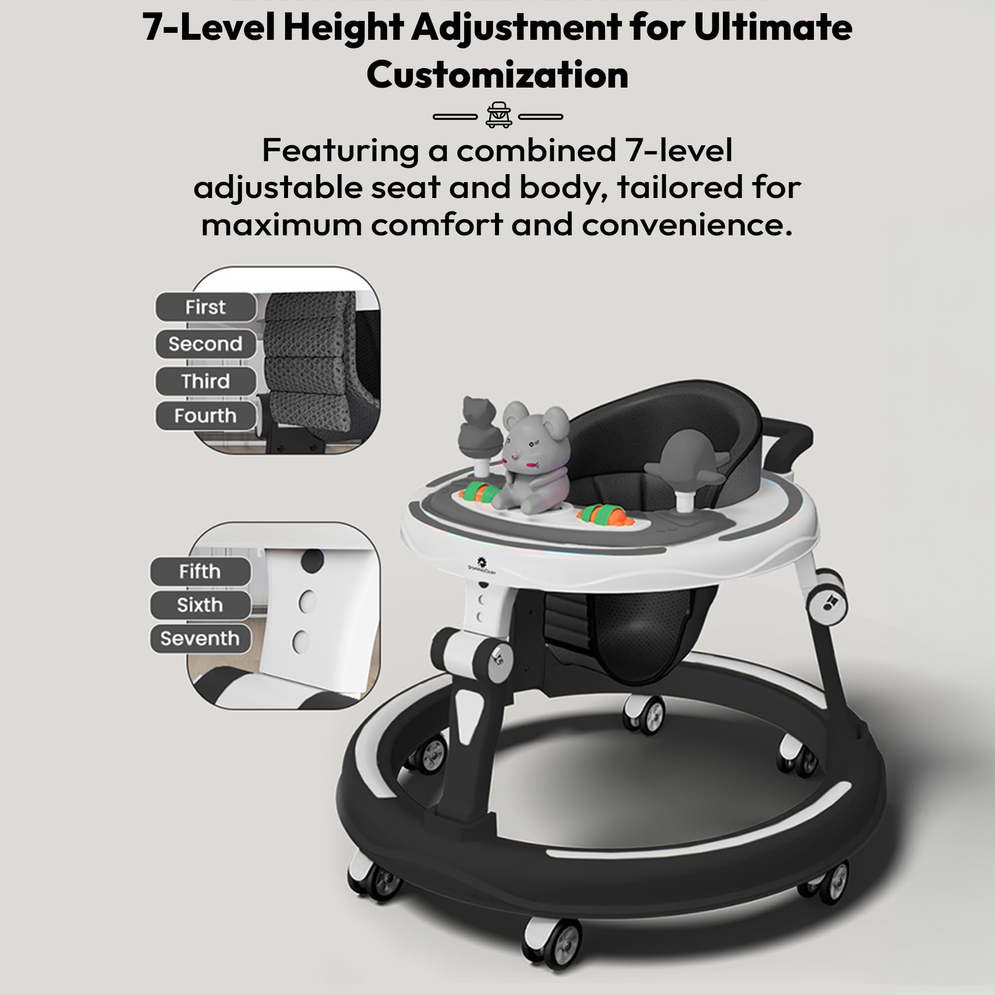StarAndDaisy 360 Baby Walker 6-24 Months / 7 Level Height Adjustment Walker for Kids Boy and Girl with Switchable Food & Musical Toy Tray/Premium Baby Activity Walker - Black 1