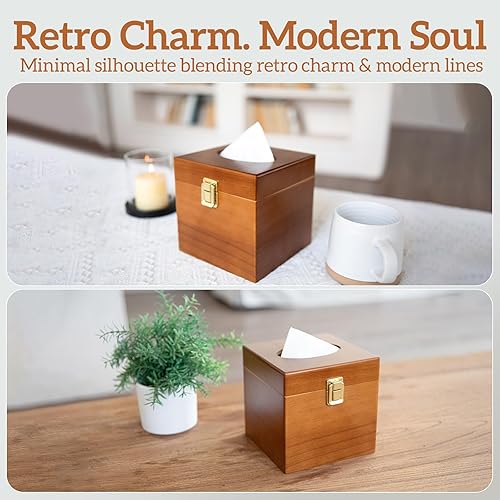 Miniatura 2 de Cubierta cuadrada de madera para caja de pañuelos - Soporte de caja de pañuelos de madera con interruptor de metal retro, soporte de papel