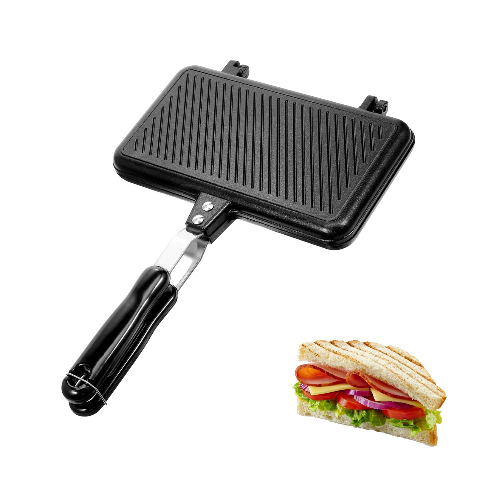 Sandwichmaker - Padella da campeggio, double face, con manico resistente al calore, tostapane per waffle, colore nero, tostapane per colazione, campeggio, attività all'aperto