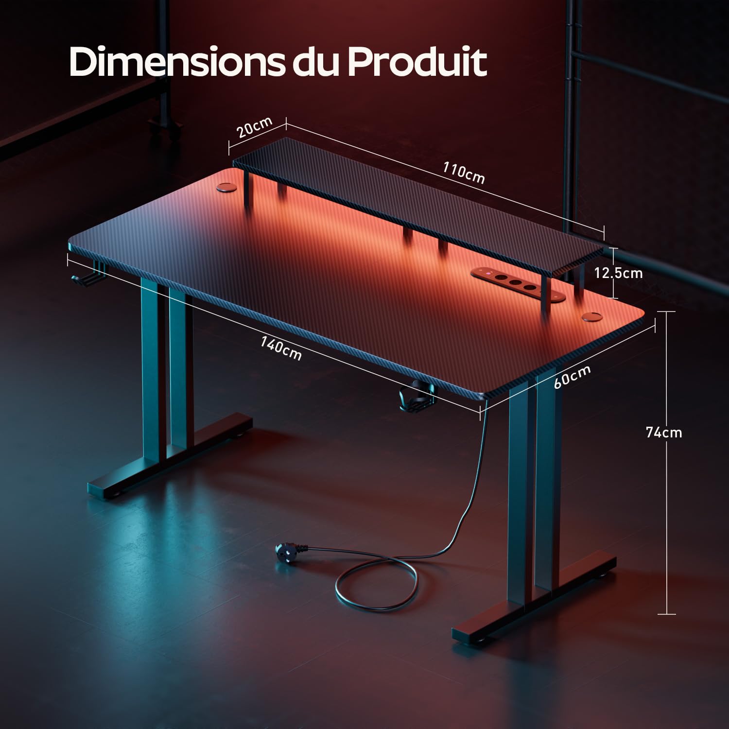 HLFURNIEU Bureau Gaming LED, Bureau Gamer avec Prise Intégrée & Port USB, 140 x 60 cm Table Gamer Ergonomique avec Support de Moniteur, Porte Gobelet, Crochet pour Casque, Noir