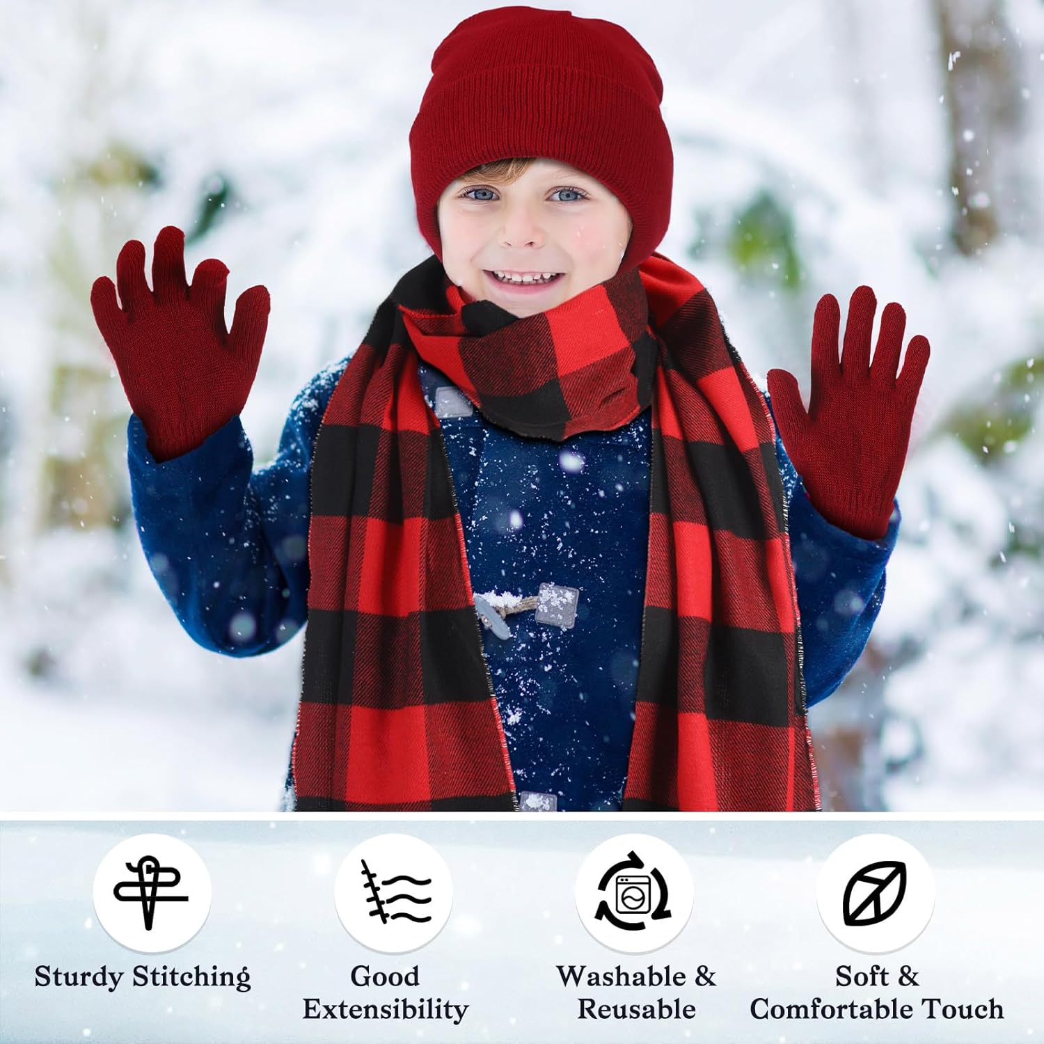 JaGely Kids Winter Hat Gloves Scarf Set Plaid Scarves Knit Beanie for 5-10 Boys Girls Homeless Gift Cold Weather - Image 3