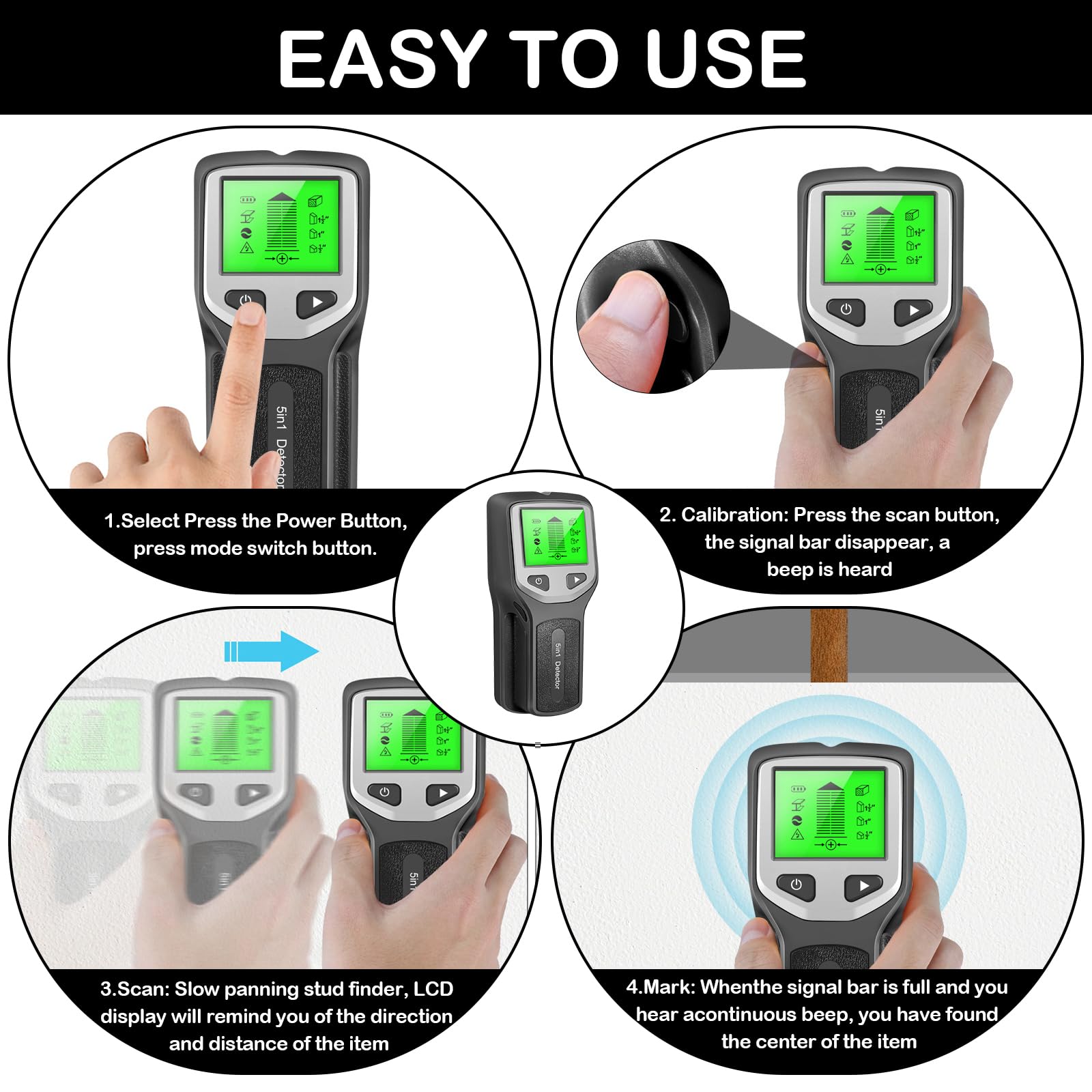 Detector de Cables: 5 en 1 Buscador de Pernos, Detector de Montantes Multifuncional, Escáner de Pared para Detectar Madera, Metal, Cables en la Pared, Detector de Metales Ferrosos