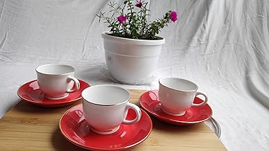 Indian Ceramic Fine Bone China Gold Line Diamond Cut White Tea Cups, Mugs and Saucer-150 ml - Set of 6 (6 Cups, 6 Saucer) (Royal White Red)