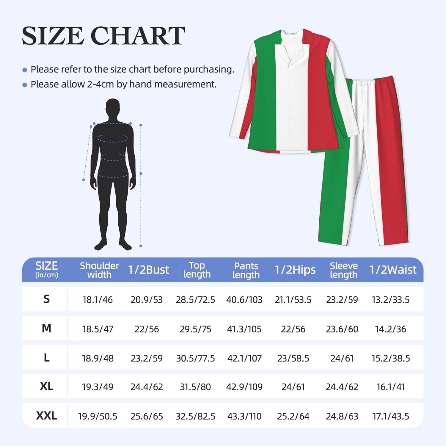 Italian Flag Print Luxurious Mens Pajamas Set,Soft Breathable Pajamas, Perfect For Winter Christmas