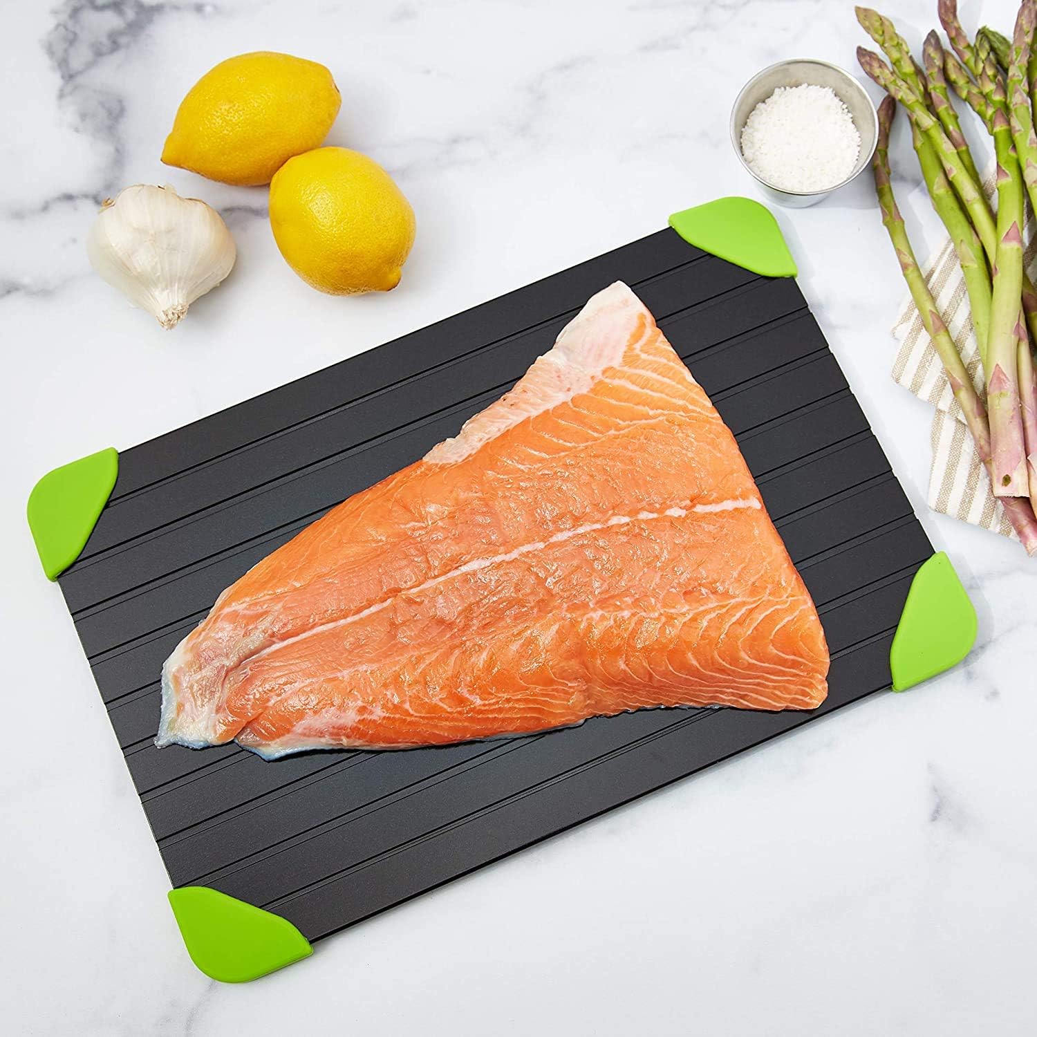 Free Shipping 🛒 Pixemies Defrosting Tray - Large Aluminum Plate - Miracle Thawing Tray - No Heat Defrosting - Quick Thawing - Food Safe Metal - Silicone Corners - Dishwasher Safe - Black/Neon Green