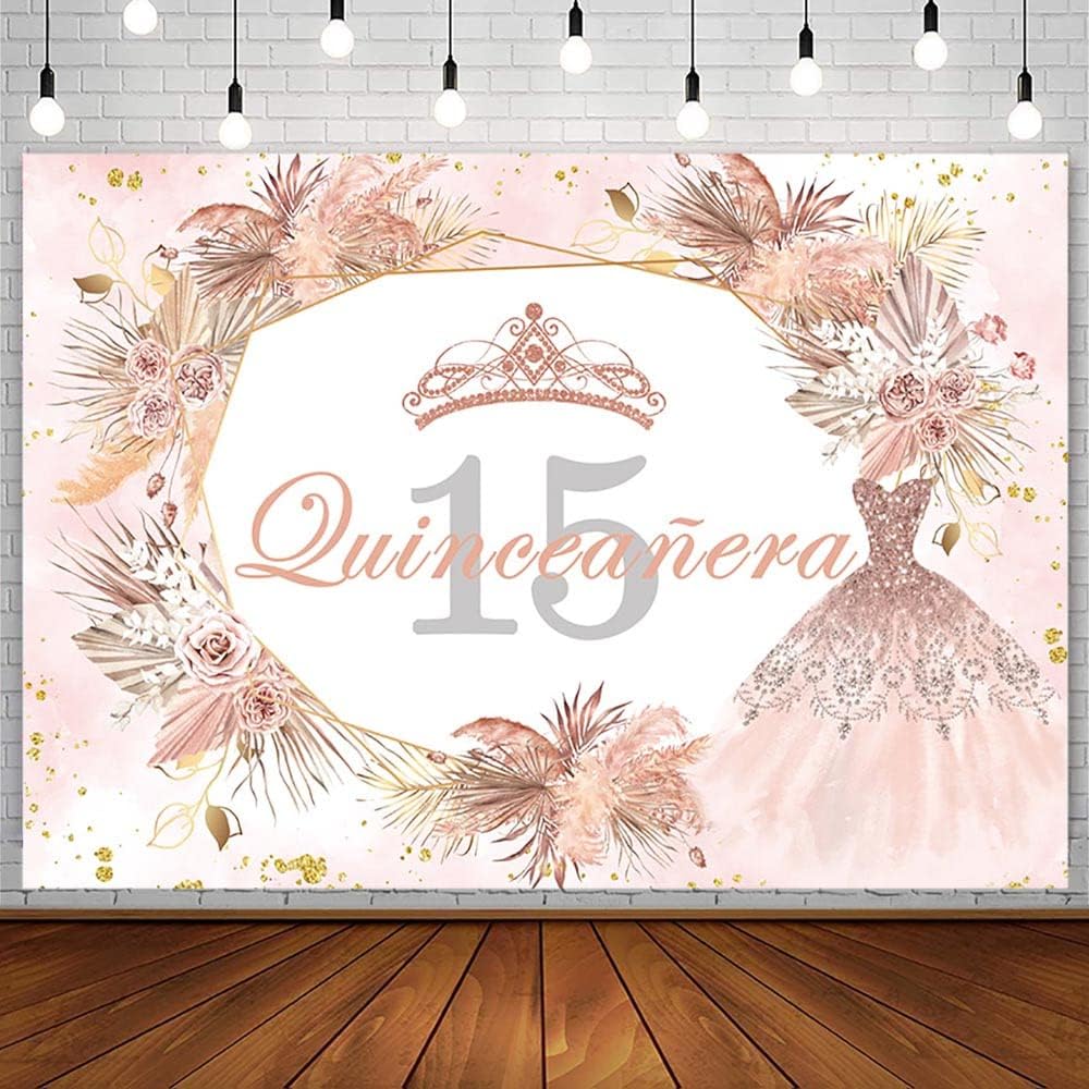 Sendy Telón de fondo de quinceañera de 15 cumpleaños de 7 x 5 pies para niña dulce, bohemio, rosa dorado con purpurina Mis Quince Anos, decoración