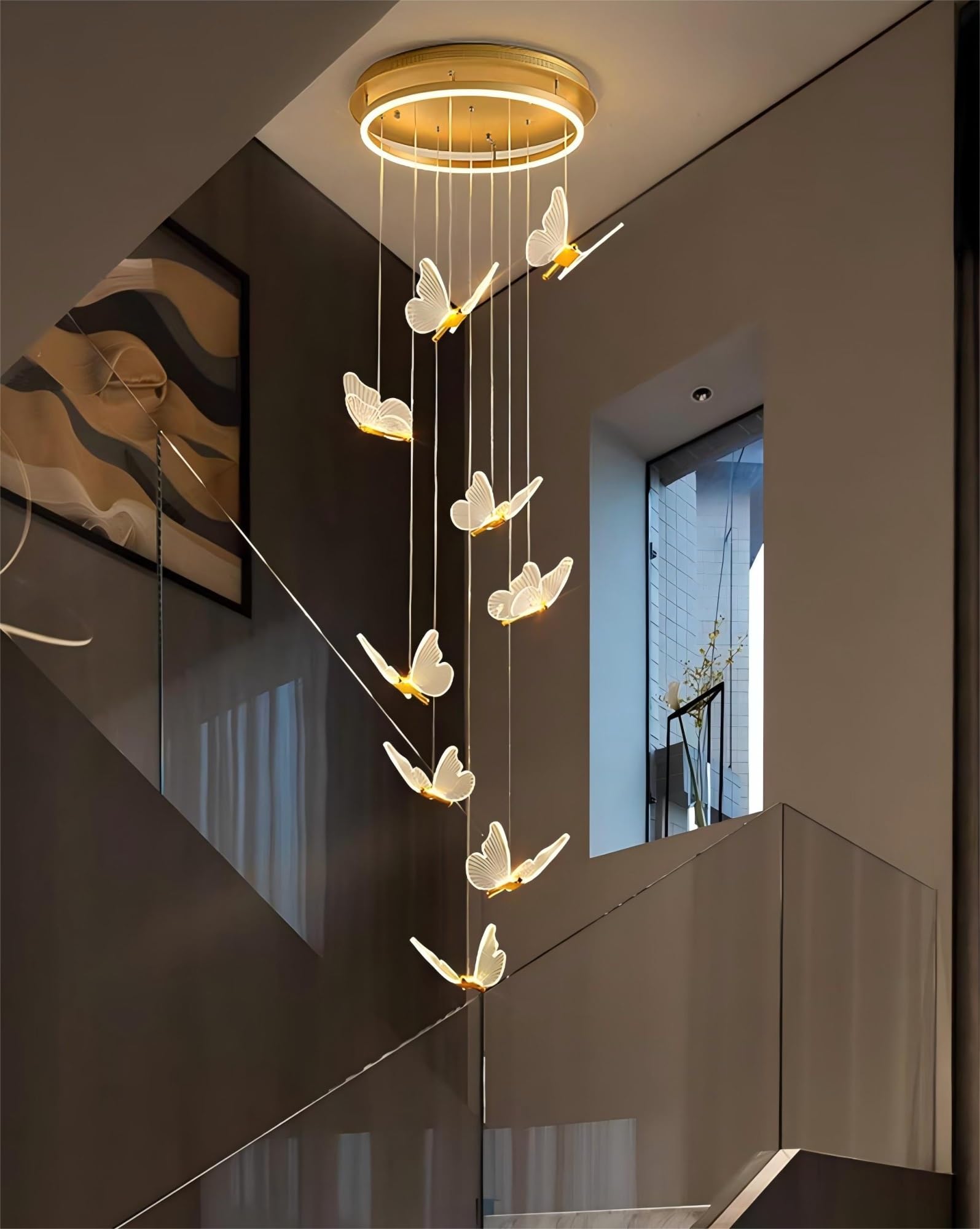 RuiRfh Chandelier LED butterfly shape decorative staircase Pendant Light height adjustable villa indoor large golden ceiling lamp dimmable suitable for living room restaurant hotel bar Hanging Lamp(Wa