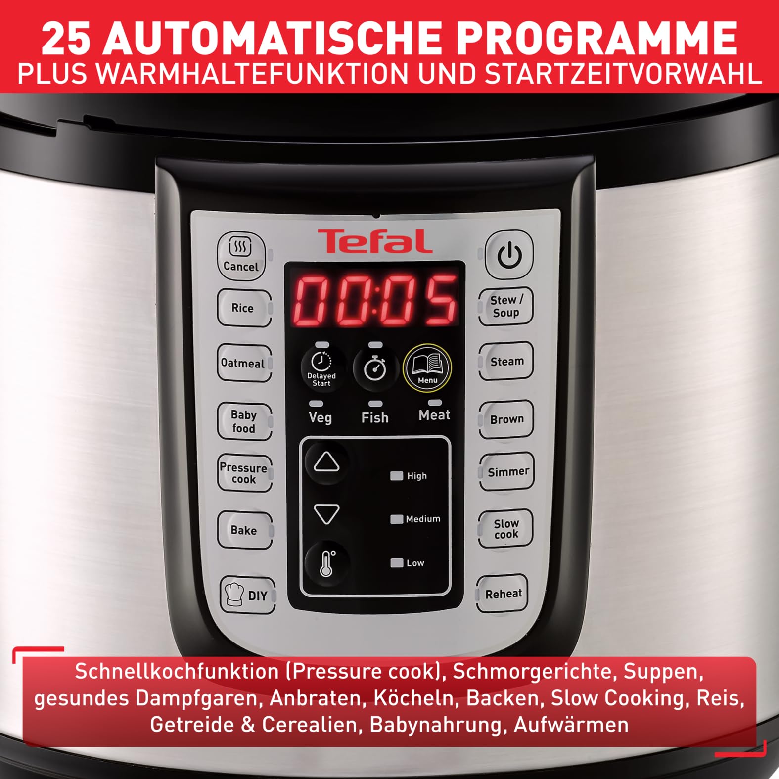 Tefal CY505E Fast & Delicious Multikocher, elektrischer Schnellkochtopf, 6 L Kapazität, 25 Automatische Programme, Bis zu 80% schnelleres Kochen, Energiesparend, Rezeptheft, 1200 W, Edelstahl