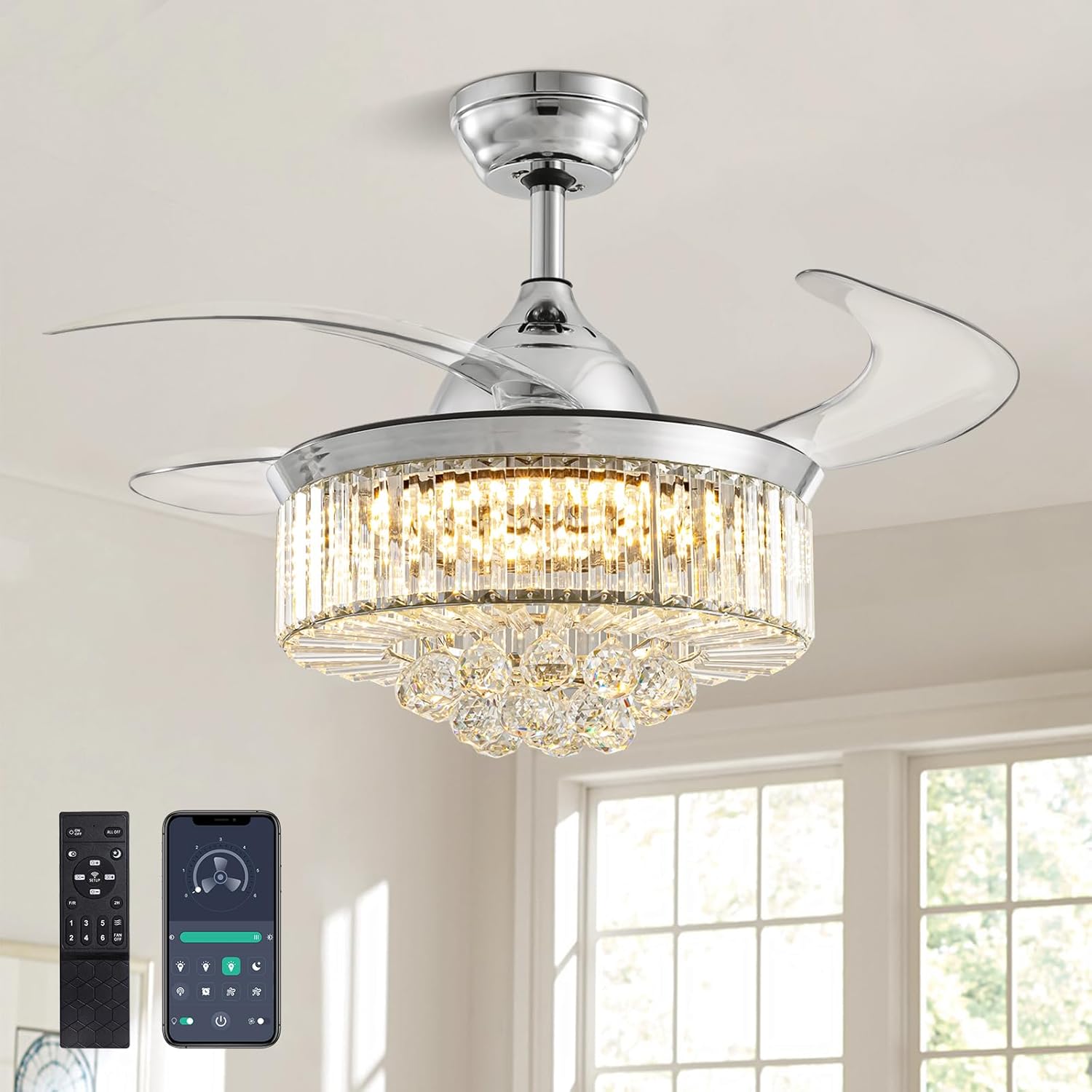 Crystal Dimmable Fandelier, Invisible Retractable Ceiling Fans with Light and Remote Control, 6 Speeds Reversible LED Chandelier Fan Kit for Living Room, Bedroom-Polished Chrome 36 Inches
