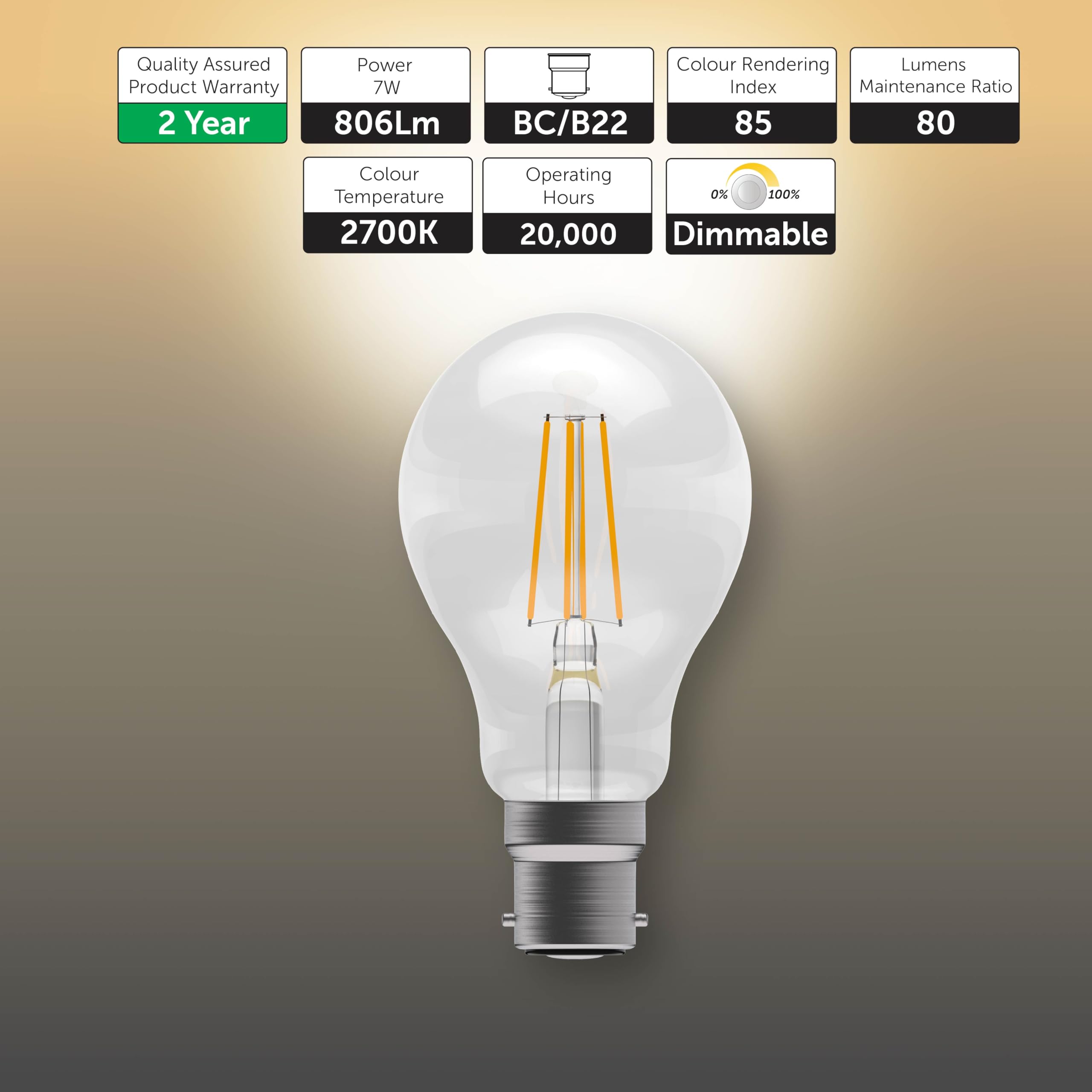 BELL Lighting B22 Bayonet Filament Dimmable Light Bulb LED GLS 3 Pack, Warm White - 2700k - Image 2
