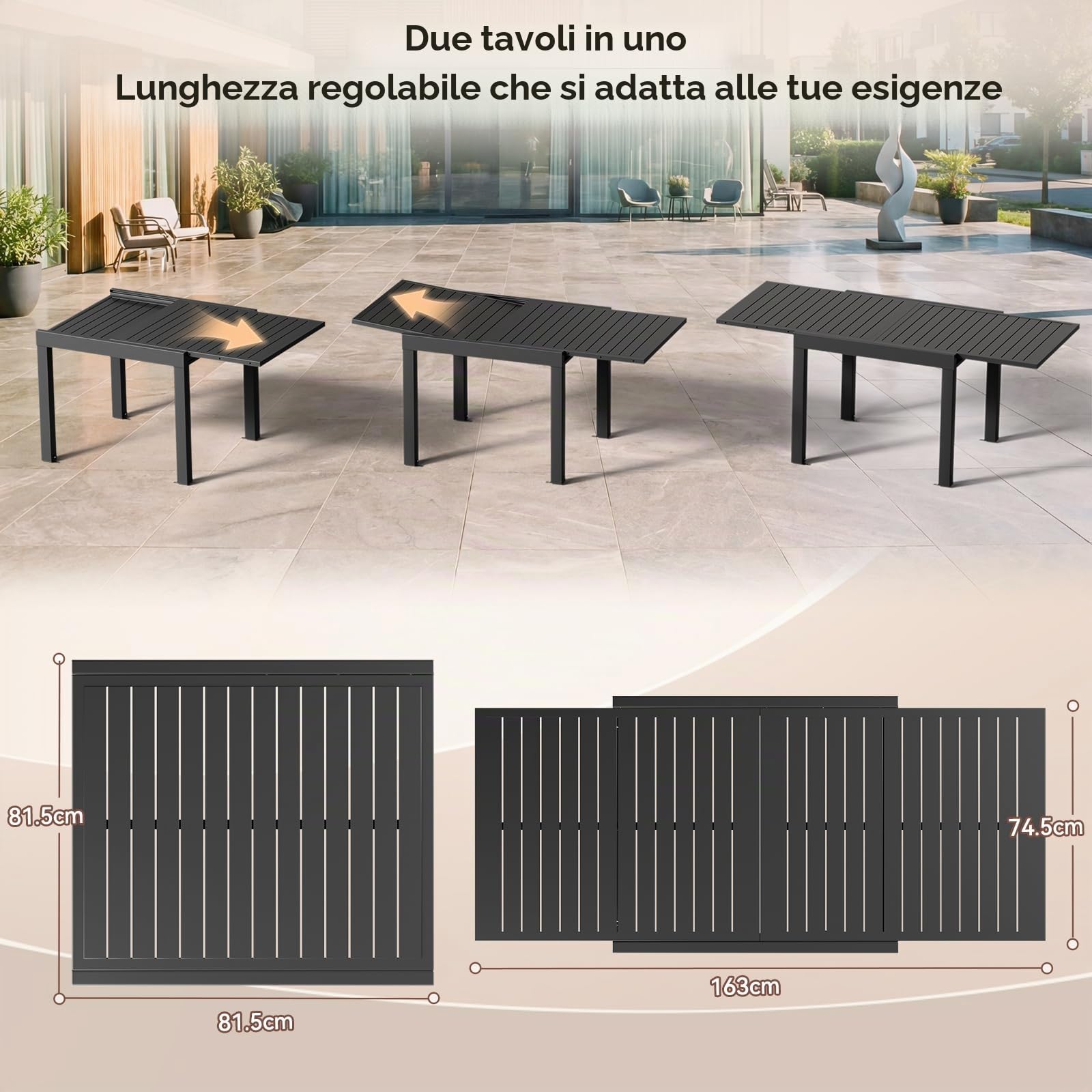JUMMICO Tavolo da Pranzo Estendibile 80 X 80 X 75 Cm, Tavolo da Balcone Allungabile in Alluminio, Resistente alle Intemperie, Allungabile Fino a 160, Gambe Regolabili