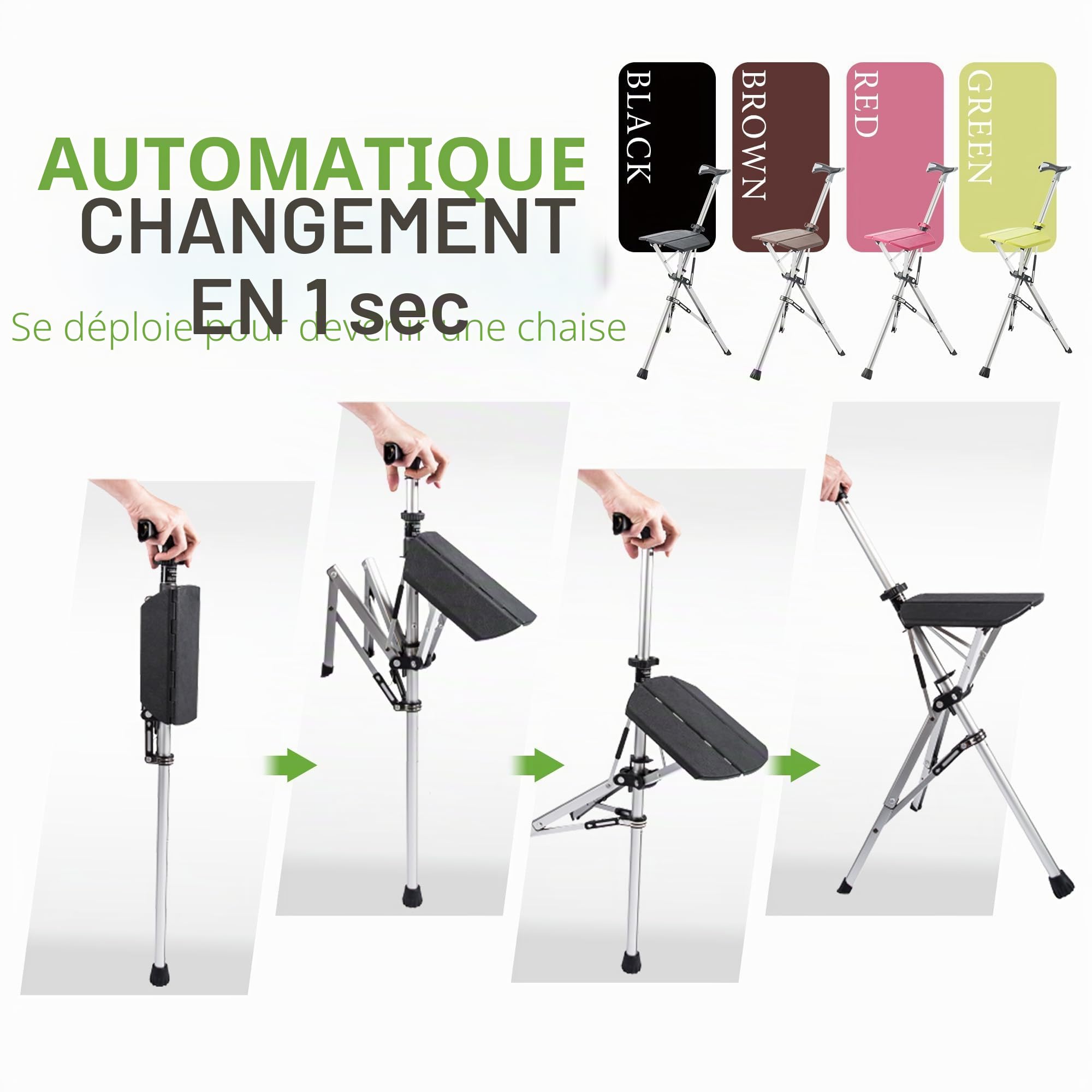 STEP2GOLD Ta-Da Chair - Canne de Marche avec siège, Cadre en Aluminium Ultra-léger et Tabouret Pliable Robuste (jusqu'à 110 kg), Design Pliable, idéal pour Les Voyages et Les visites touristiques