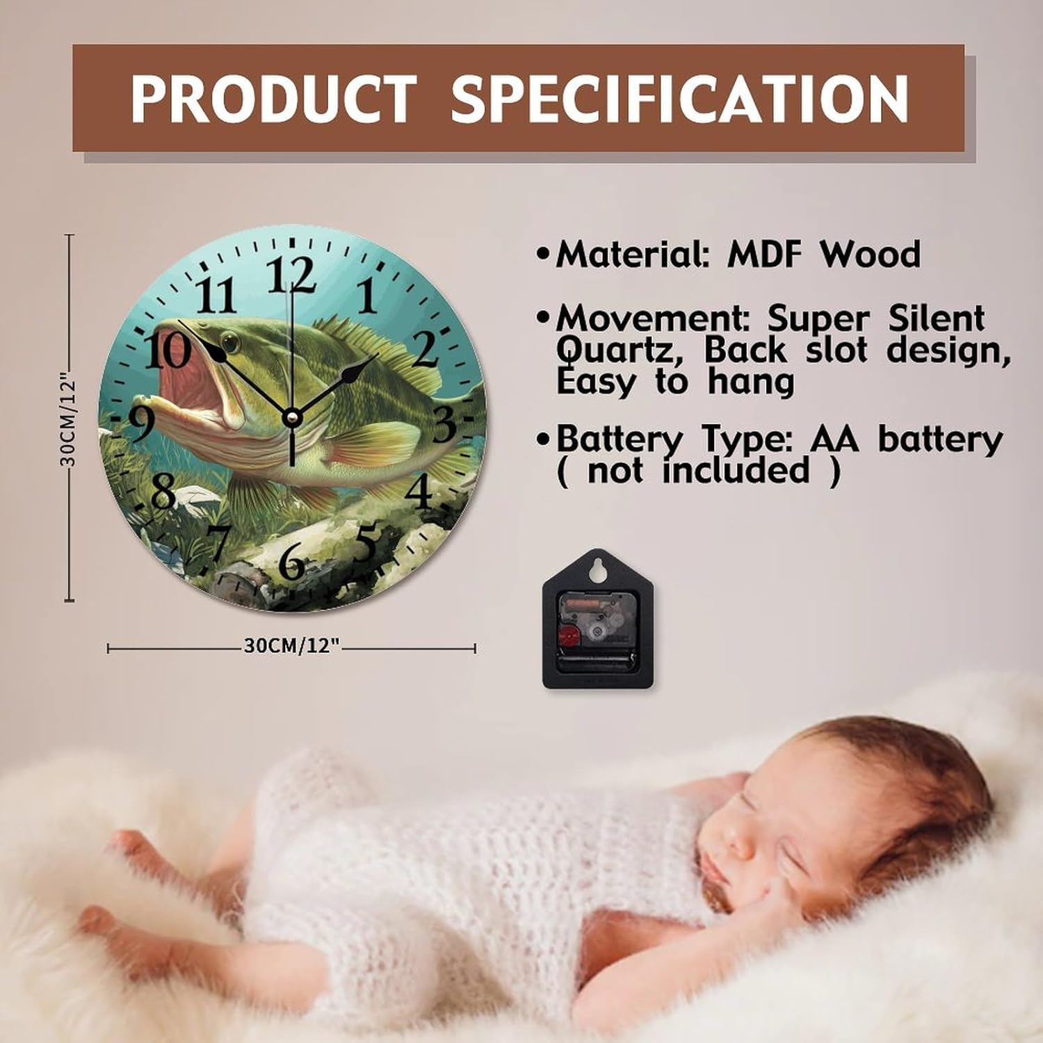 ArogGeld Bass Fish Wall Clock Vintage Fish 12 Inch Wooden Wall Clocks Battery Operated Silent Non-Ticking Modern Hanging Clock for Bedroom Living Room Farmhouse Wall Decor