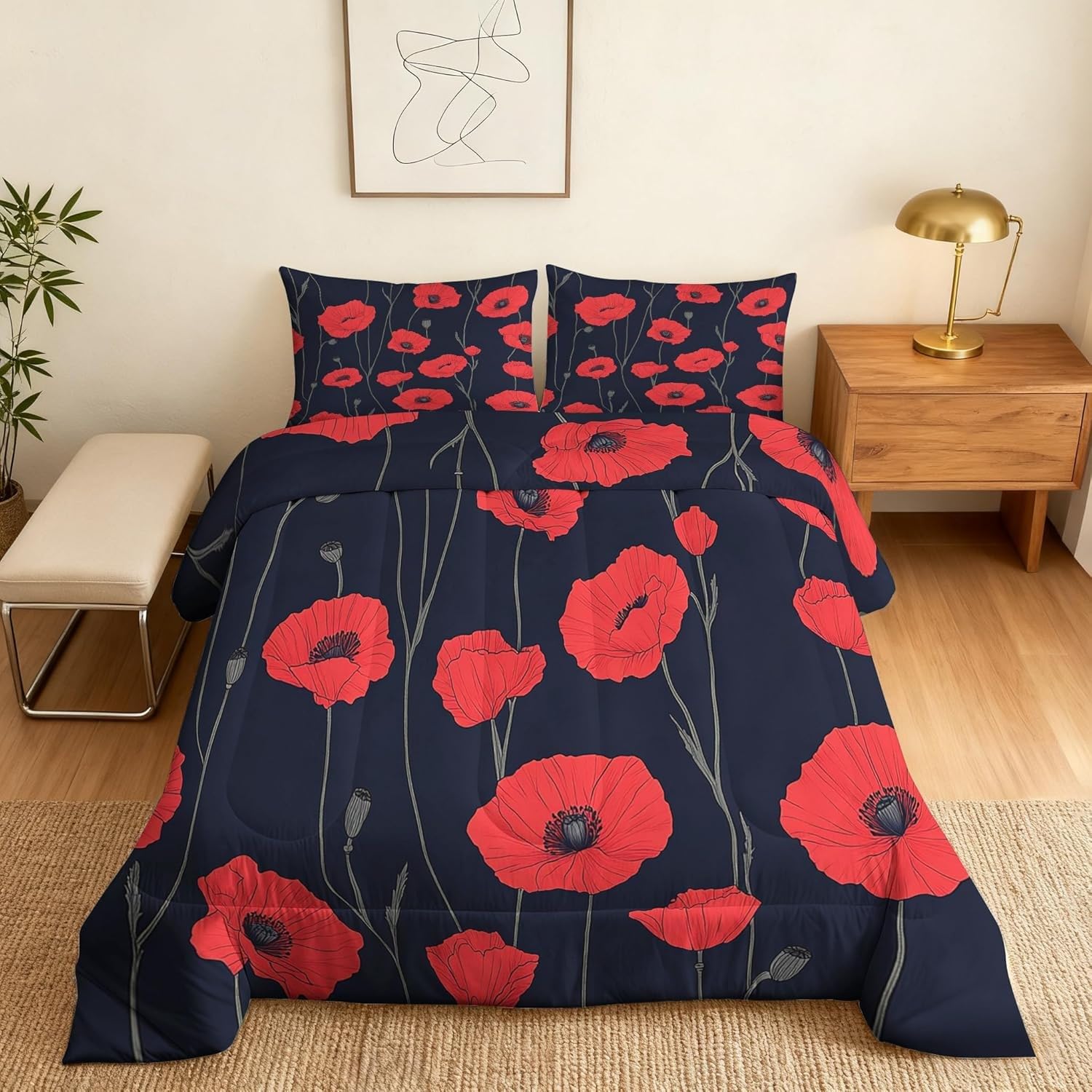 Couette chaude fleurs rouges en microfibre douce luxe 240x260 sans housse