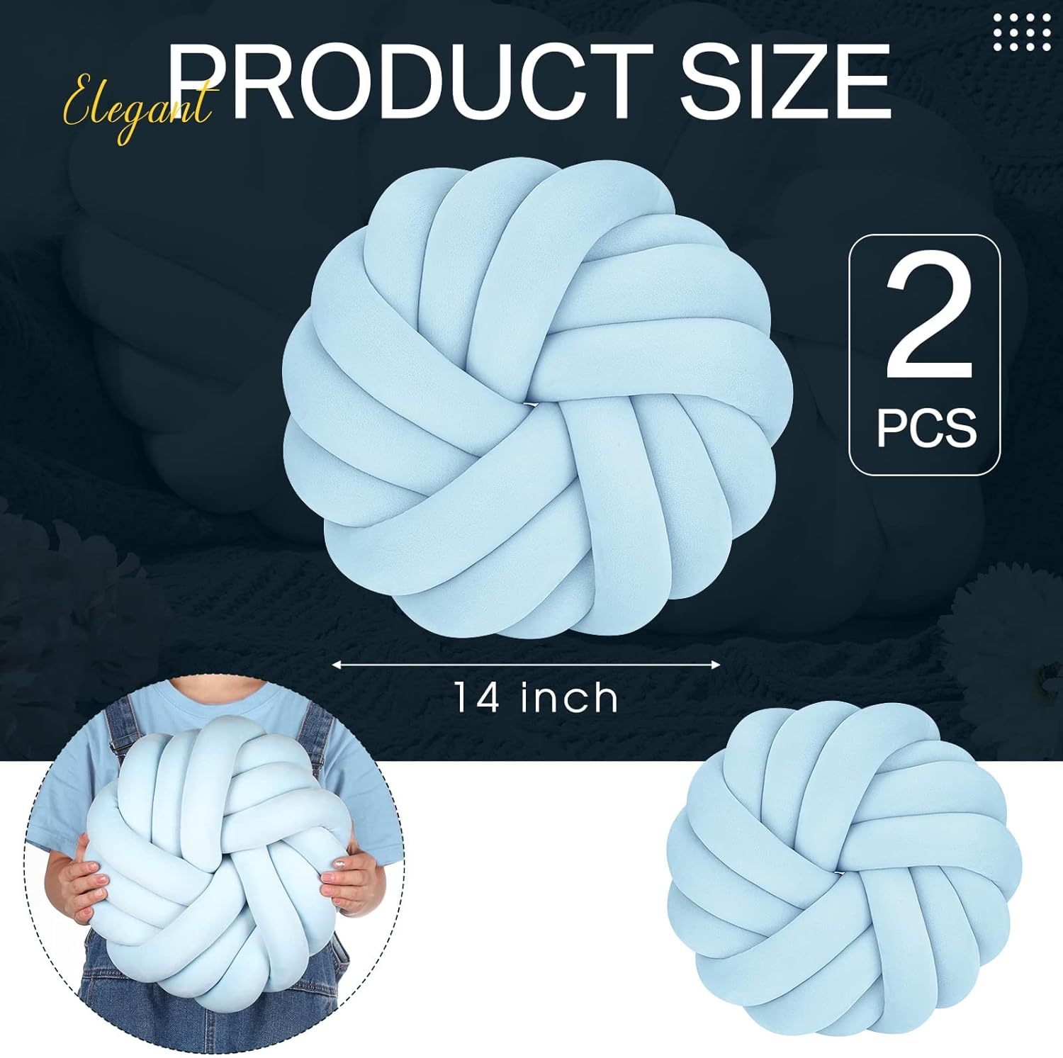 Fumete 2 Pcs 14 Inches Knot Pillow Round Throw Soft Plush Knot Ball Pillow Handmade Knotted Modern Home Decorative Cushion for Bed Bedroom, Sofa, Couch (Sky Blue)