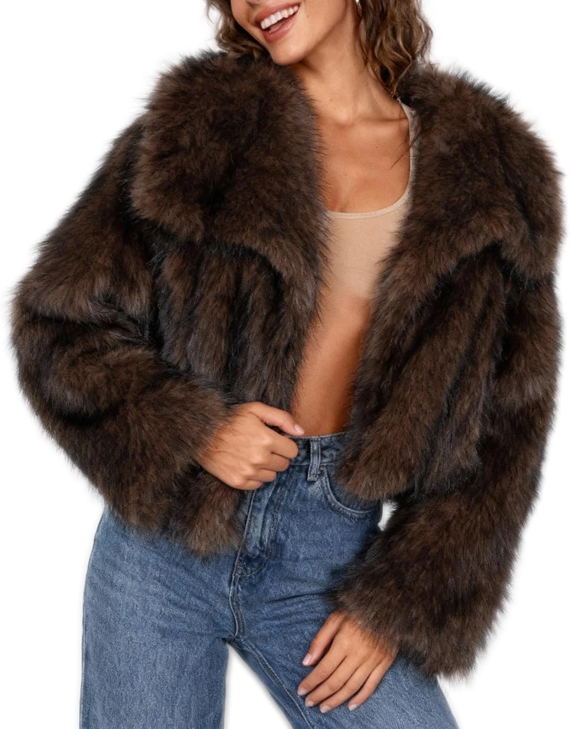 Xintianji Womens Faux Fur Turn-Down Collar Jacket Coat - Open Front Long Sleeve Winter Fuzzy Fleece Coat with Side Pockets