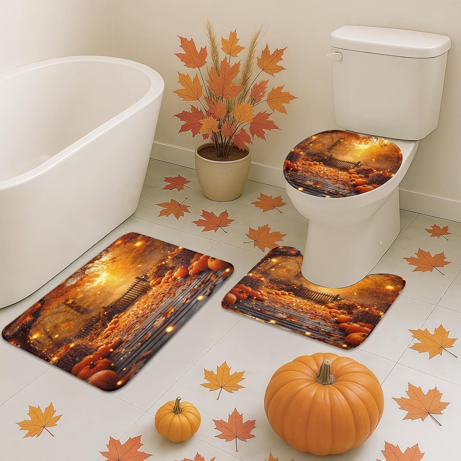 ArtSocket Fall Bathroom Sets with Shower Curtain and Rugs, Maple