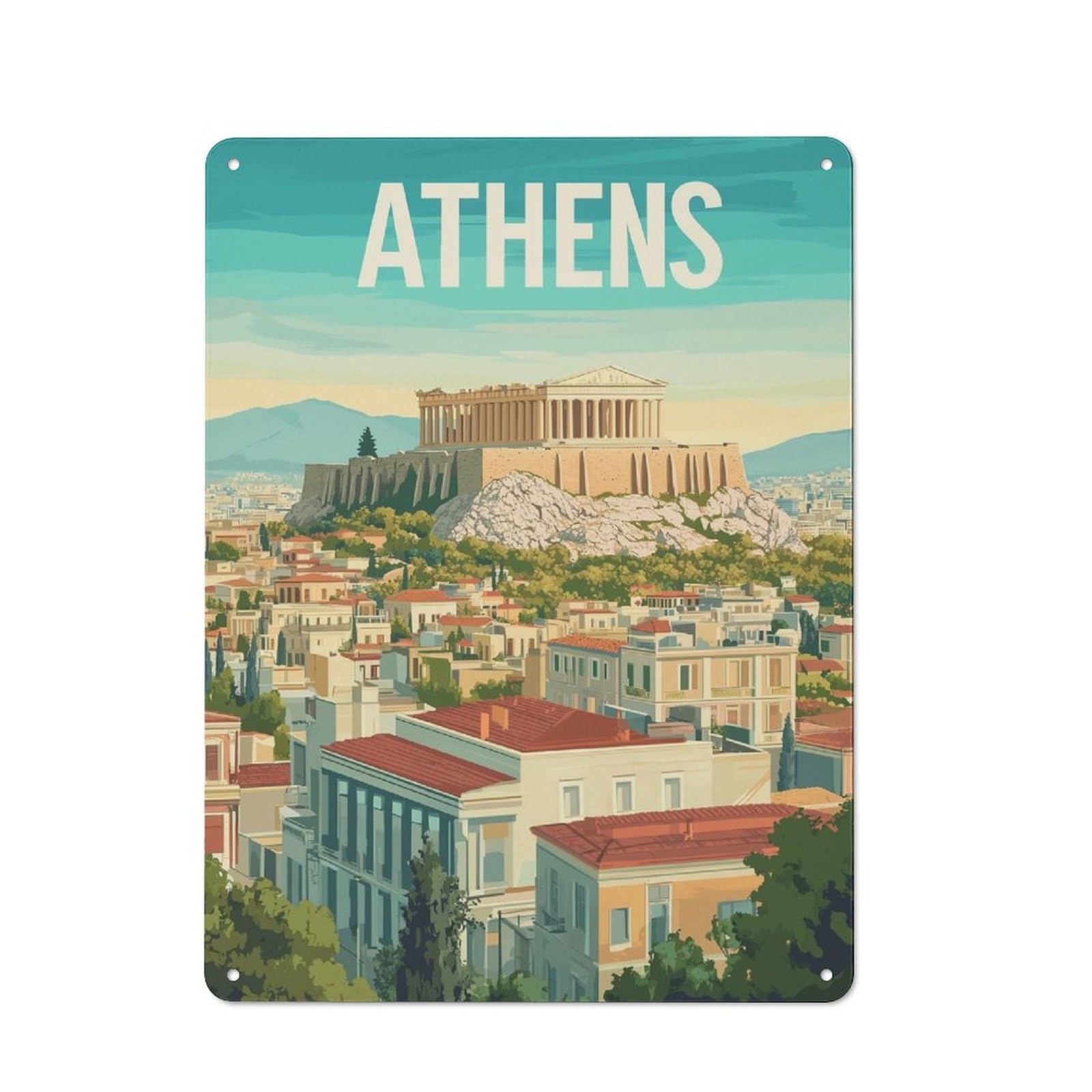 Junmoney Style-15 Trave To Athens Greece Retro Tin Wall Plaque 40X30cm For Hobby Room Or Studio, New Home Wall Decor For Hobby Room Decor Fans