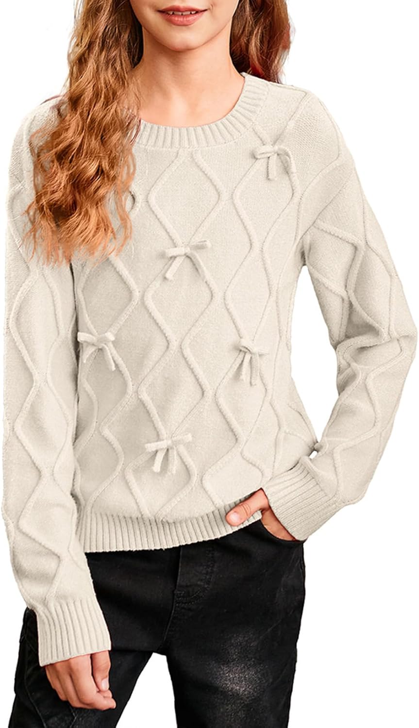 Cute Girls Bow Sweaters 2025 Crewneck Knit Long Sleeve Pullover Sweater 6-13 Years
