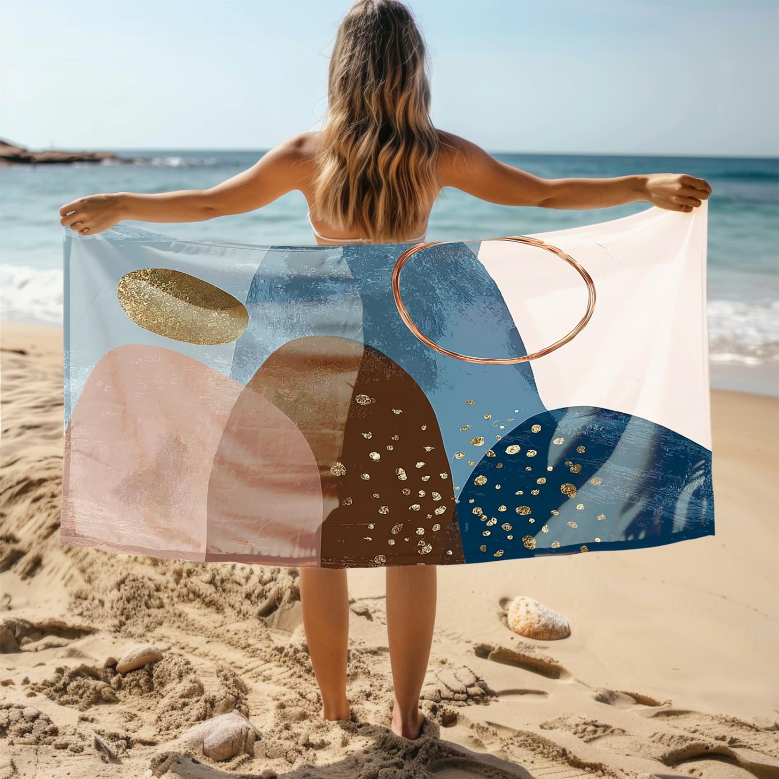 Générique Serviette de Plage XXL Modèle Bleu Marron | Grande Taille Serviette de Plage et Douche Avec Elastique Microfibre Absorbante et Légère Sport Séchage Rapide