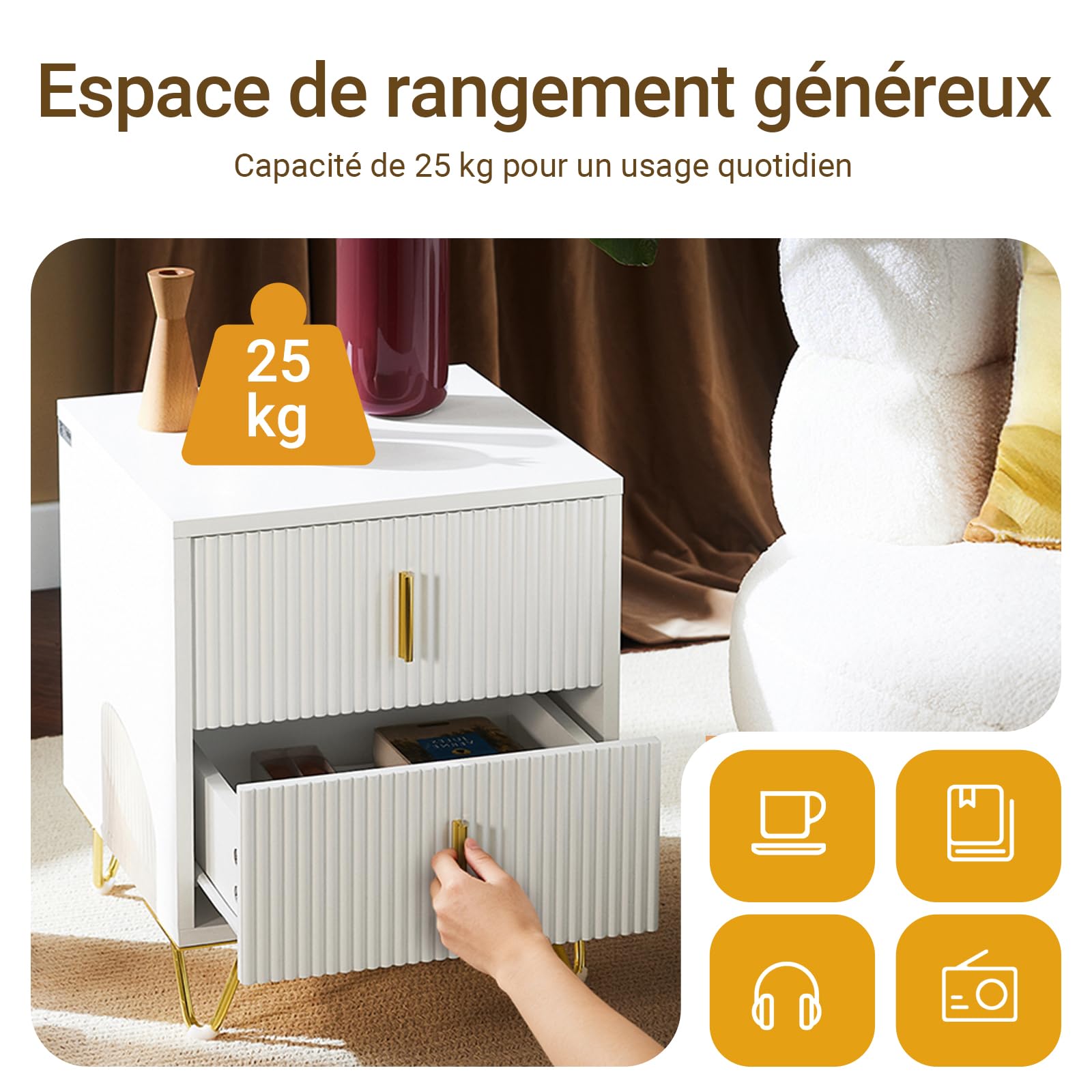 SoBuy Table de Chevet - Table de Nuit avec 2 tiroirs, Table d'appoint pour Chambre à Coucher - Meuble de Rangement Moderne, Blanc L40 x P40 x H47 cm FBT115-W | Table de nuit moderne avec pieds en métal, meuble rangement pour salon et chambre, Blanc, FBT11
