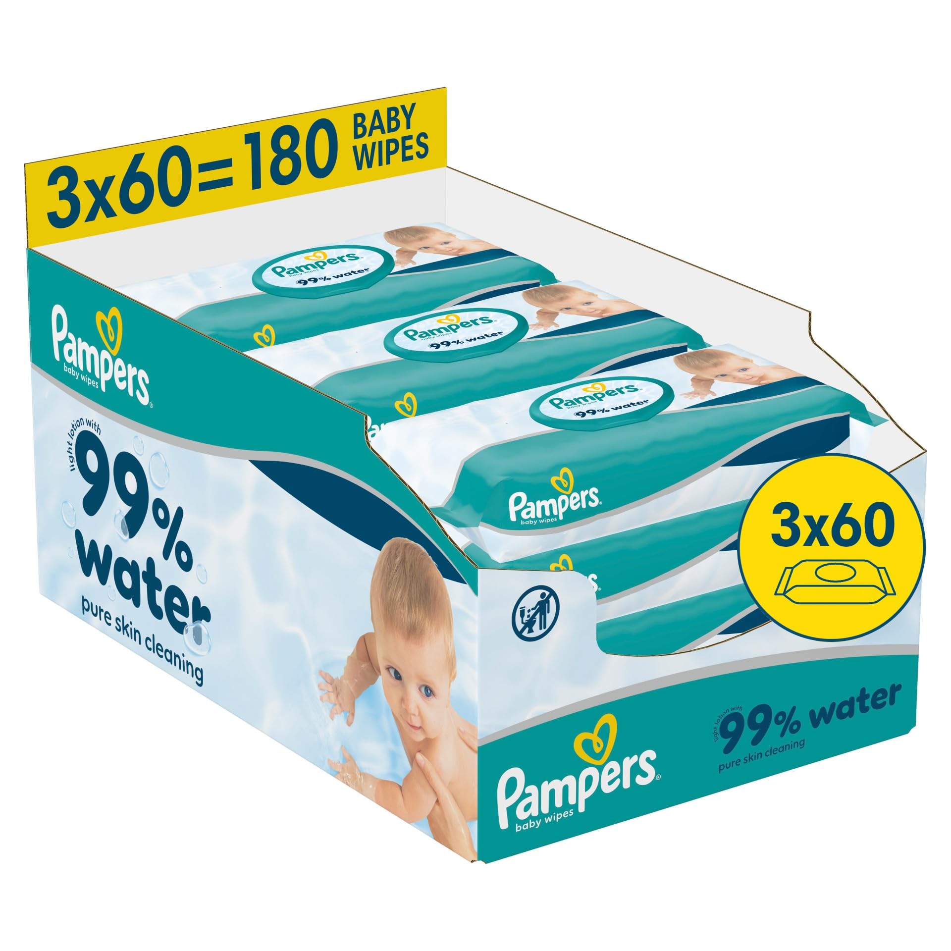 Pampers 99% Water Baby Wipes Plastic Free, 3 Packs of 60 Wipes = 180 Baby Wet Wipes, Light Lotion with 99% Water